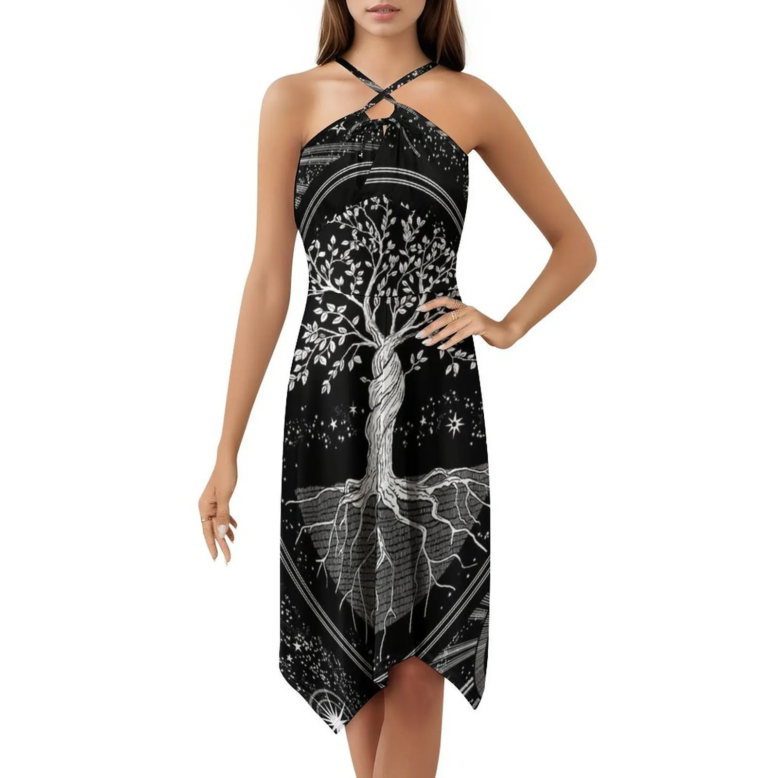 شجرة الحياة السماوية البوهيمي فستان بلا أكمام للنساء طباعة فساتين حفلات الشاطئ شجرة الحياة السماوية السحرية الغامضة