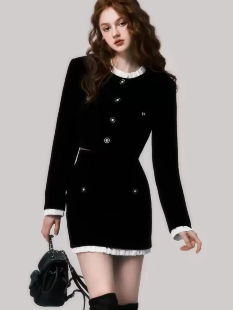 Autumn French Elegant Two Piece Velvet Skirt Set Women Winter Long Sleeve Single Breasted Short Coat+A-Line Mini Skirt Outfit