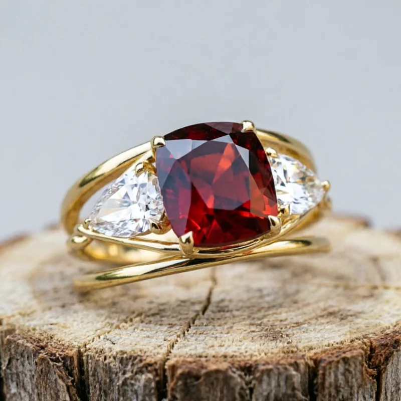 Bague dorée élégante et scintillante pour femme, ornée d'un zirconium synthétique rouge, idéale pour les banquets et anniversaires, bijoux fins de luxe.