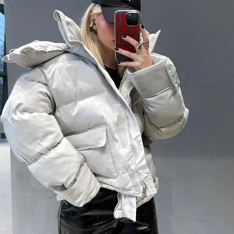 Kapuzenjacke mit Großen Taschen, Übergroße Gefütterte Jacken für Damen, Street-Style, Stehkragen, Lange Ärmel, Reißverschluss, Einfarbig, Lose Pufferjacken, Neue Oberbekleidung – Detail 18