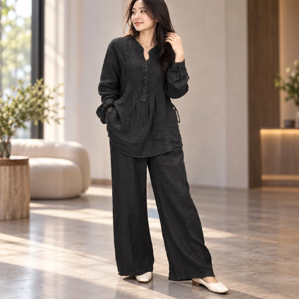 Casual Long Sleeve Set with Full Length Urban Elegant Commuting Patchwork Autumn Shirt Top and Long Pants Elegant Women Sets