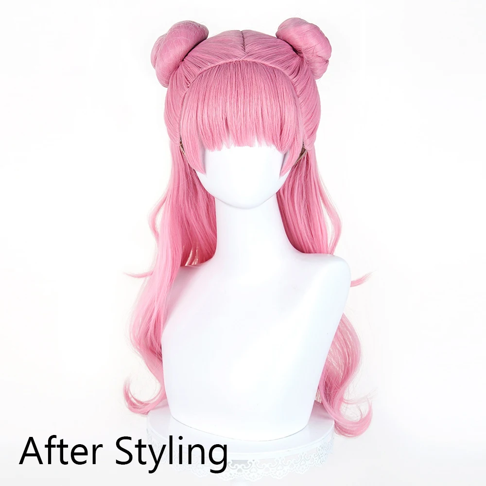 Pink Long Wavy Synthetic Wigs with Bun Anime Game Cosplay Fluffy Wig with Bangs for Daily Party - view 4