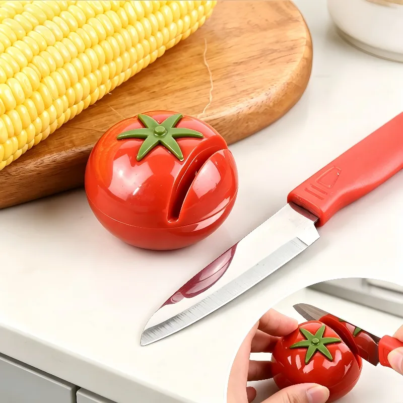 1 pièce Mini aiguiseur de couteaux portable en forme de tomate de dessin animé, pierre à aiguiser, ciseaux, gadgets et outils de cuisine