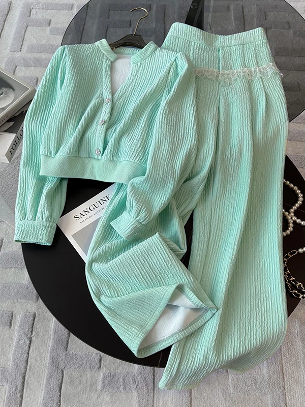

Fashionable V-Neck Long Sleeve Top Wide Leg Pants Two-Piece Set Women's Elegant Spring Collection Online Exclusive