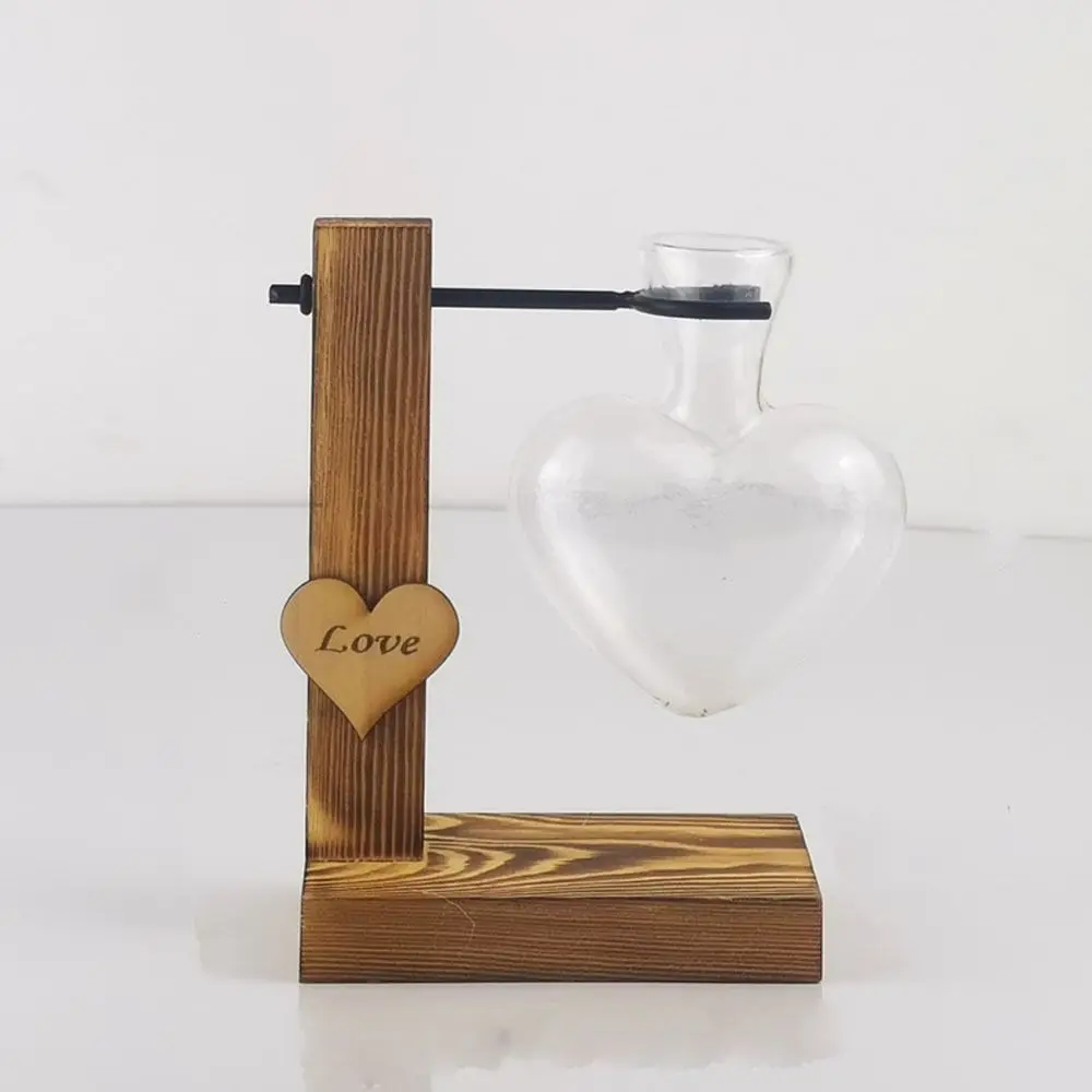 Wooden Stand Wood Frame Vase Heart Shape Glass Transparent Glass Vase Transparent Thickened Hydroponic Flower Vase Living Room