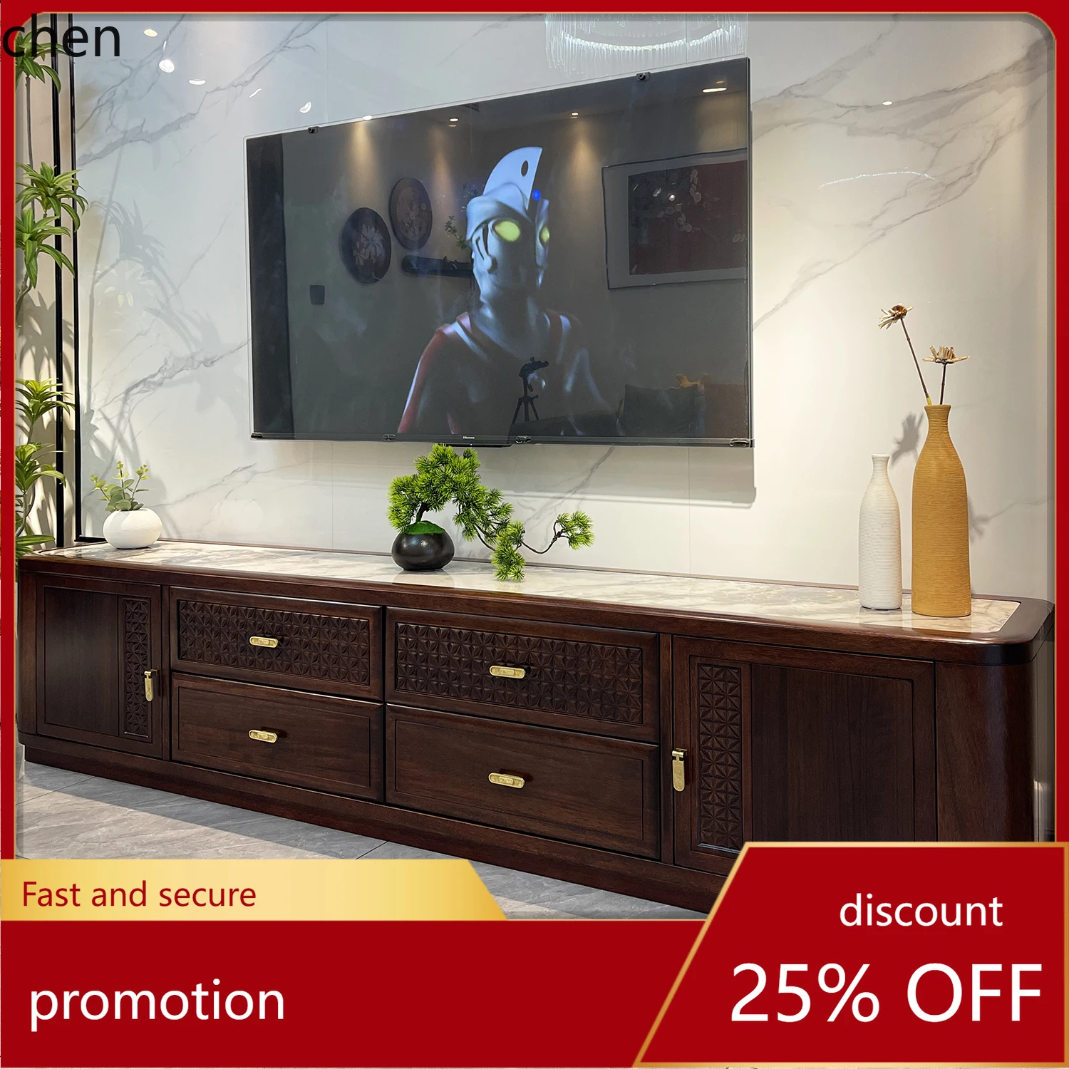 HT New Chinese Style  TV Cabinet and Coffee Table Set Ebony Wood Rock Slab TV Stand Floor-standing Living Room Furniture