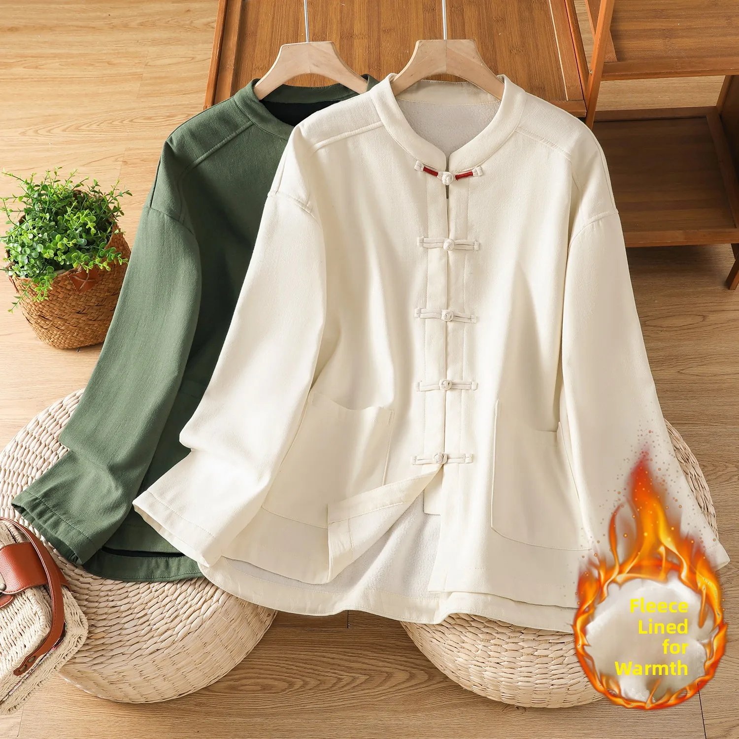 

Autumn Winter New Chinese Sle Retro Loose Casual Fce Pure Color Button ket round Ne Cotton Jaet Single Row Buttons