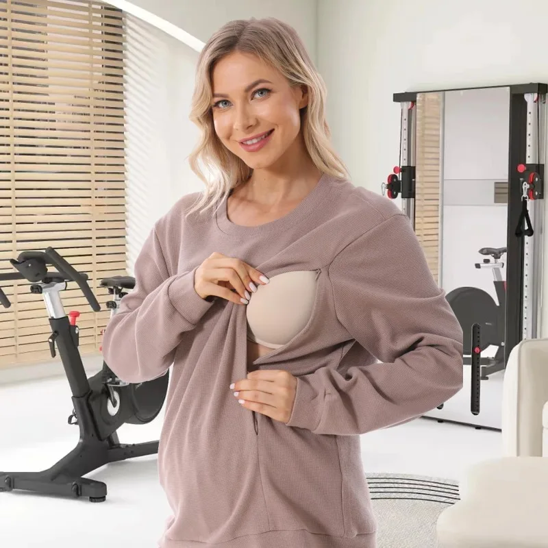 

2025 New Maternity Clothes Wear Waffle Breastfeeding Sweater Hoodies Pregnancy Casual Tops for Pregnant Women Autumn Winter