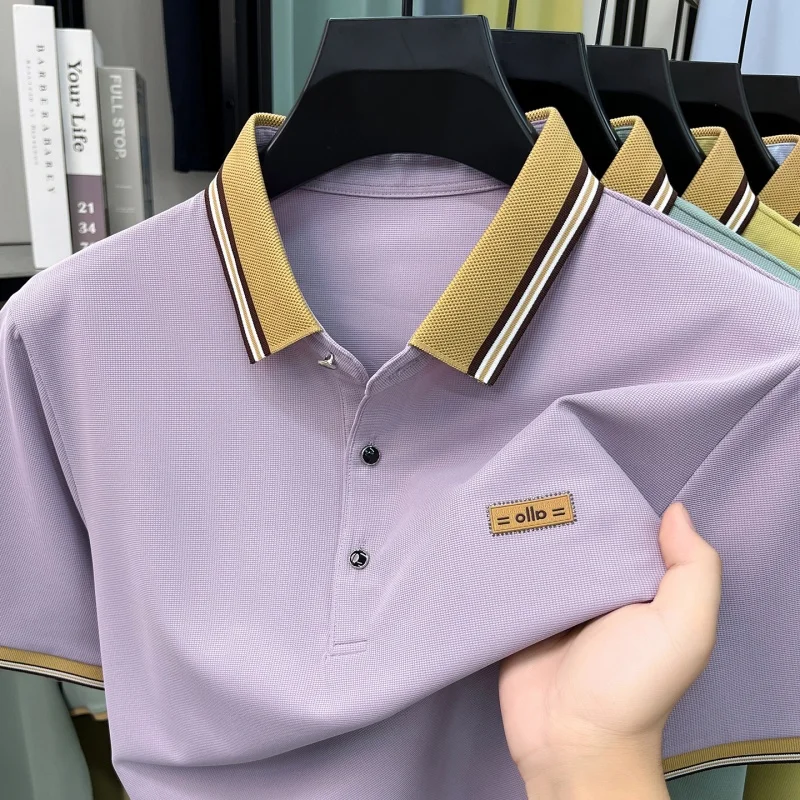 

TFETTERS Summer Preppy Men T Shirt Striped Collar Tag Campus Office Wear Short Sleeve Top Wrinkle Free Quick Dry Tshirt for Man