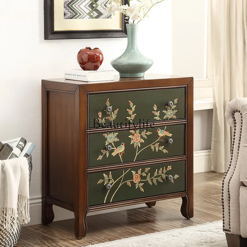 American Style Distressed Chest of Drawers European Style Locker Bedroom Retro Storage Cabinet Painted Bedside Table