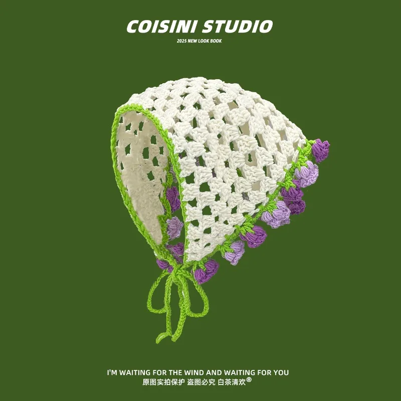 

Korean Version of Hand-crocheted Rose Hollow Triangular Headscarf Women's Sweet Autumn Thin Breathable Knitted Lace-up Headband