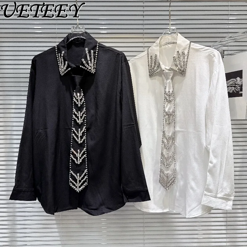 

Весенне-осенняя новая тяжелая рубашка с галстуком со стразами, элегантная универсальная свободная белая блузка, однотонные топы с длинными рукавами для женщин