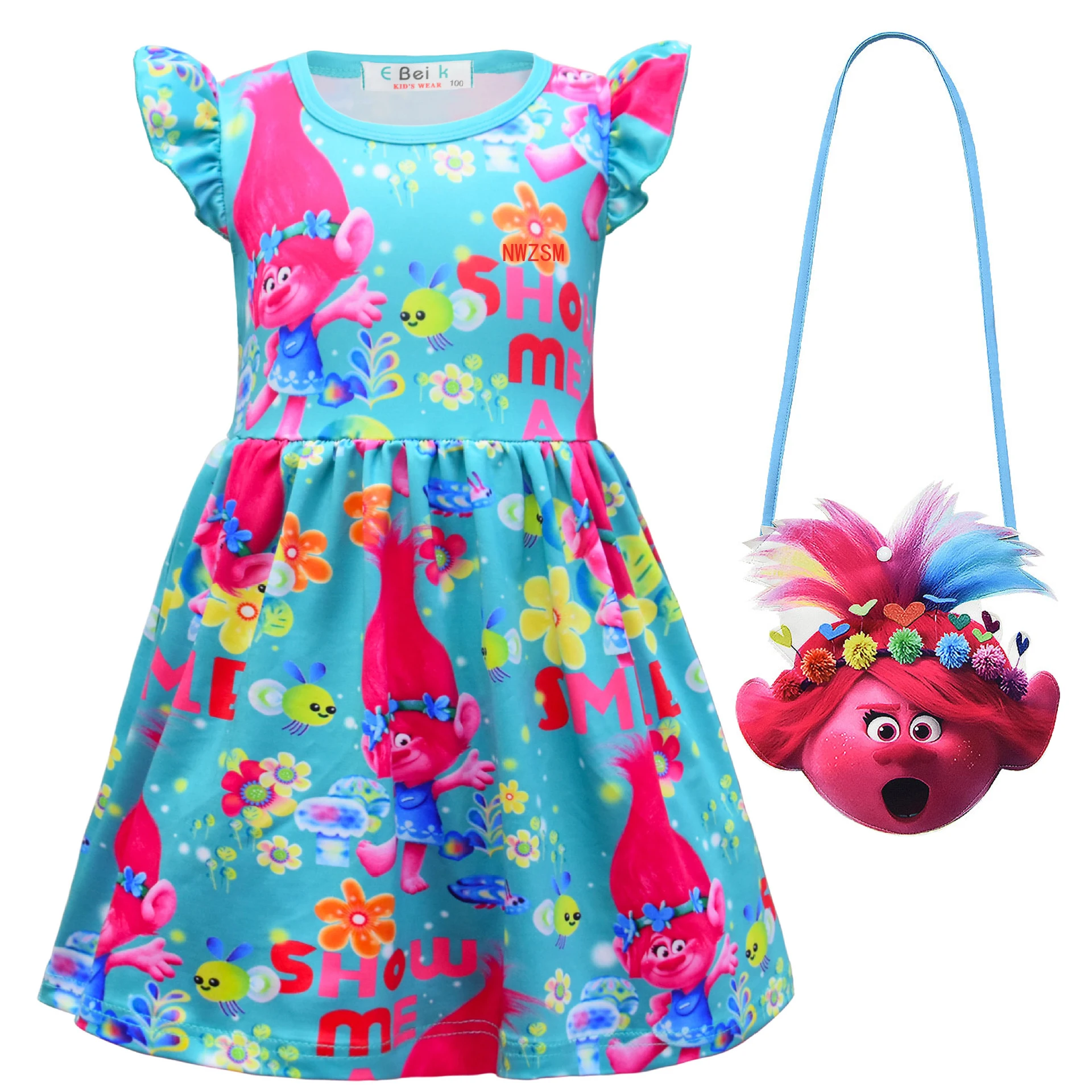 Vestido de princesa infantil, trolls infantis, roupas de verão femininas, seda de leite, manga plissada, aniversário, roupas florais