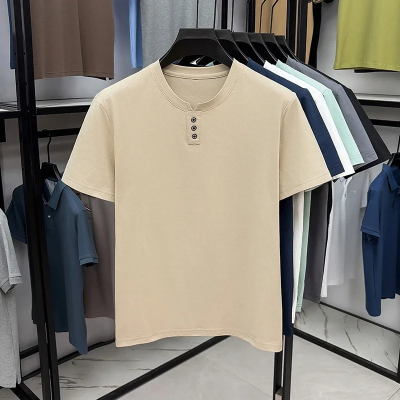 T-shirts décontractés pour hommes à col Henley, manches courtes, avec détails boutonnés, doux, respirants et légers, pour un style quotidien urbain.