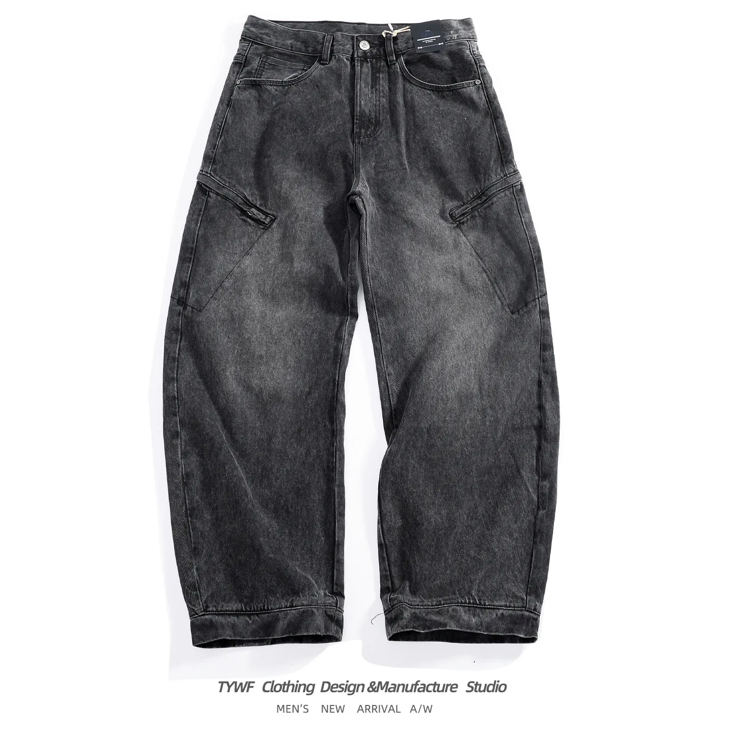 2026 Autumn New American Retro Comfortable Curved-knife Wide-leg Jeans Men's Fashion Multi-pockets Loose Casual Cargo Trousers