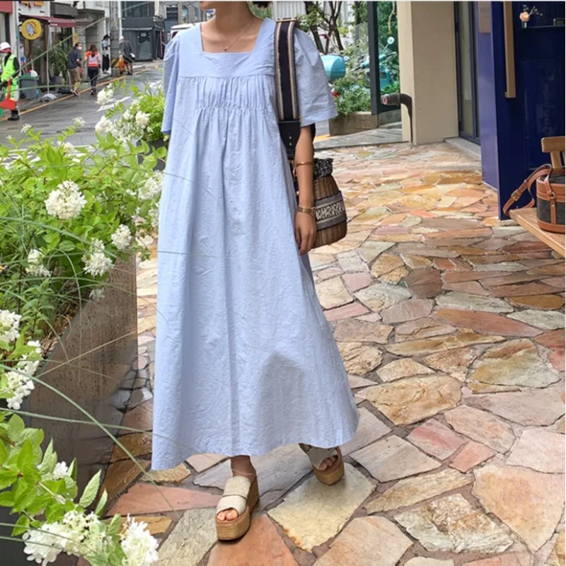 Blue Casual Loose Short Sleeve Square Collar Midi Dress Street Style Cotton Polyester Blend Summer Fashion for Women