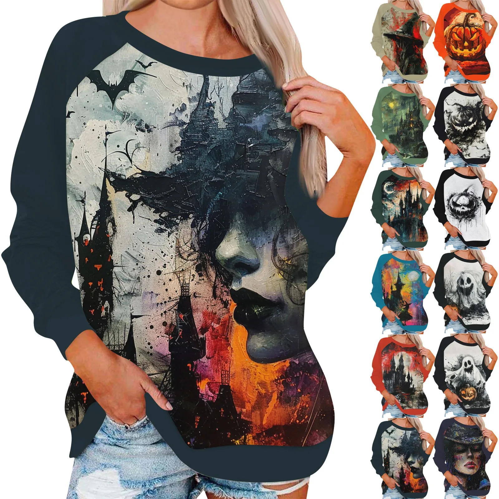 Women'S Halloween Theme Print Tops Regular Comfortable Loose Round Neck Long Sleeve Raglan Sleeve Pullovers Tops