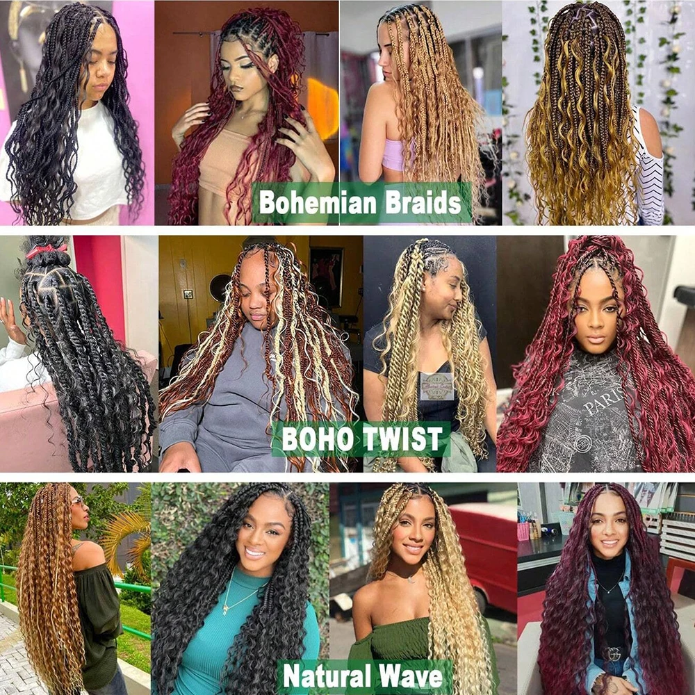 Extensions Capillaires Synthétiques Bouclées au Crochet, Cheveux Tressés, Vague Profonde, Ombré, 22 Pouces