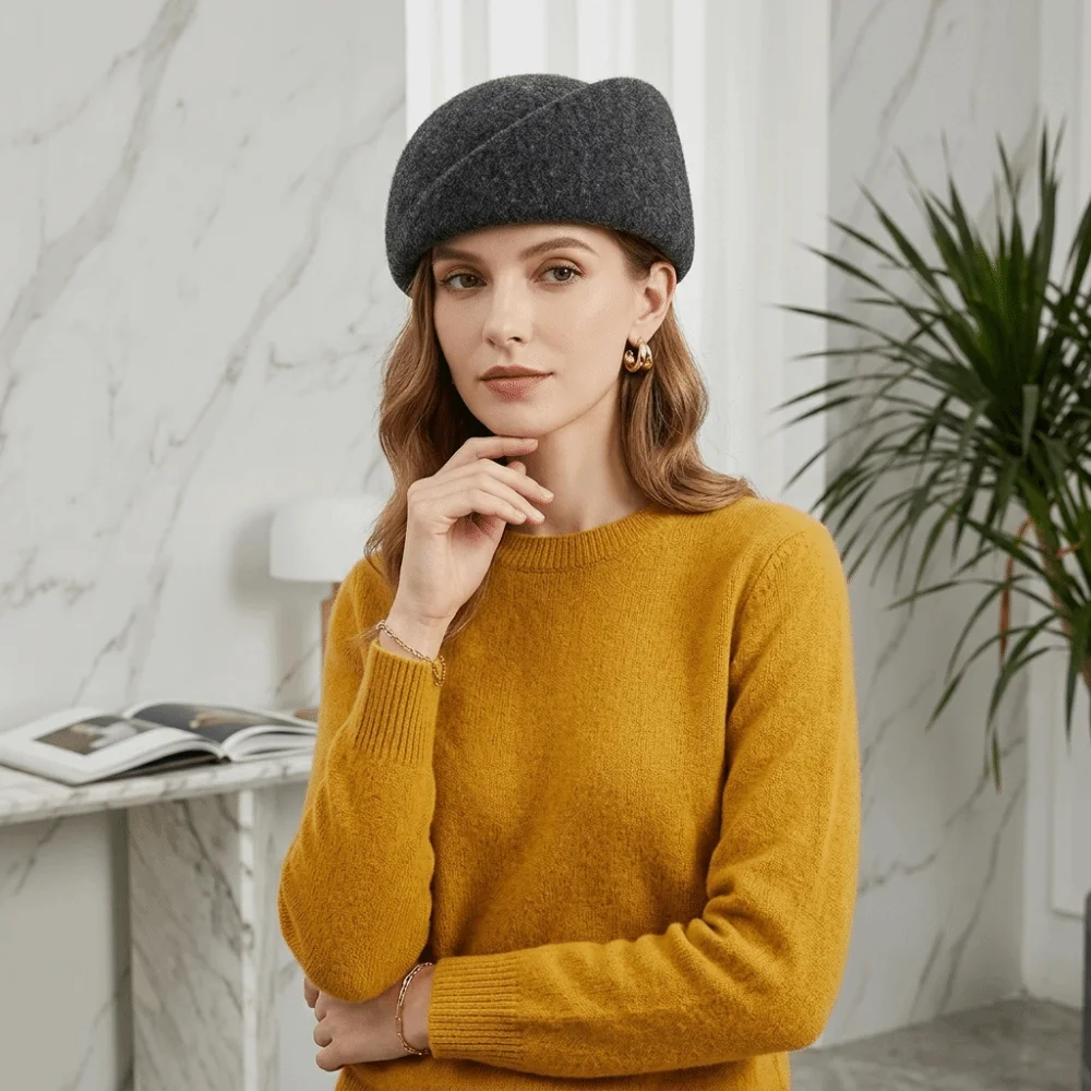 Elegant Wool Blend Pillbox Hat Brimless Teardrop Painter Beret Foldable Hepburn Silhouette Dinner Hat For Women