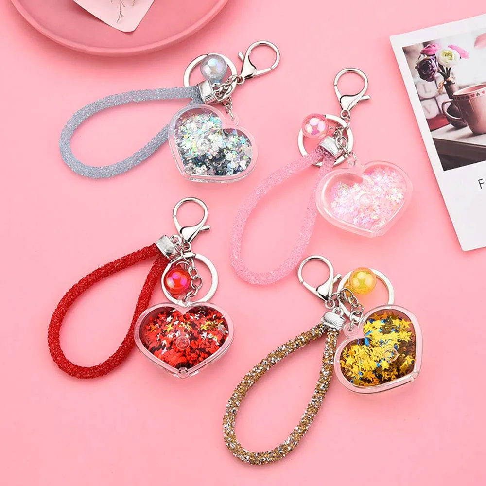 Creative Fashion Transparent Moving Liquid Heart PU Rope Quicksand Sequin Keychain Bag Charm Car Pendant Key Ring