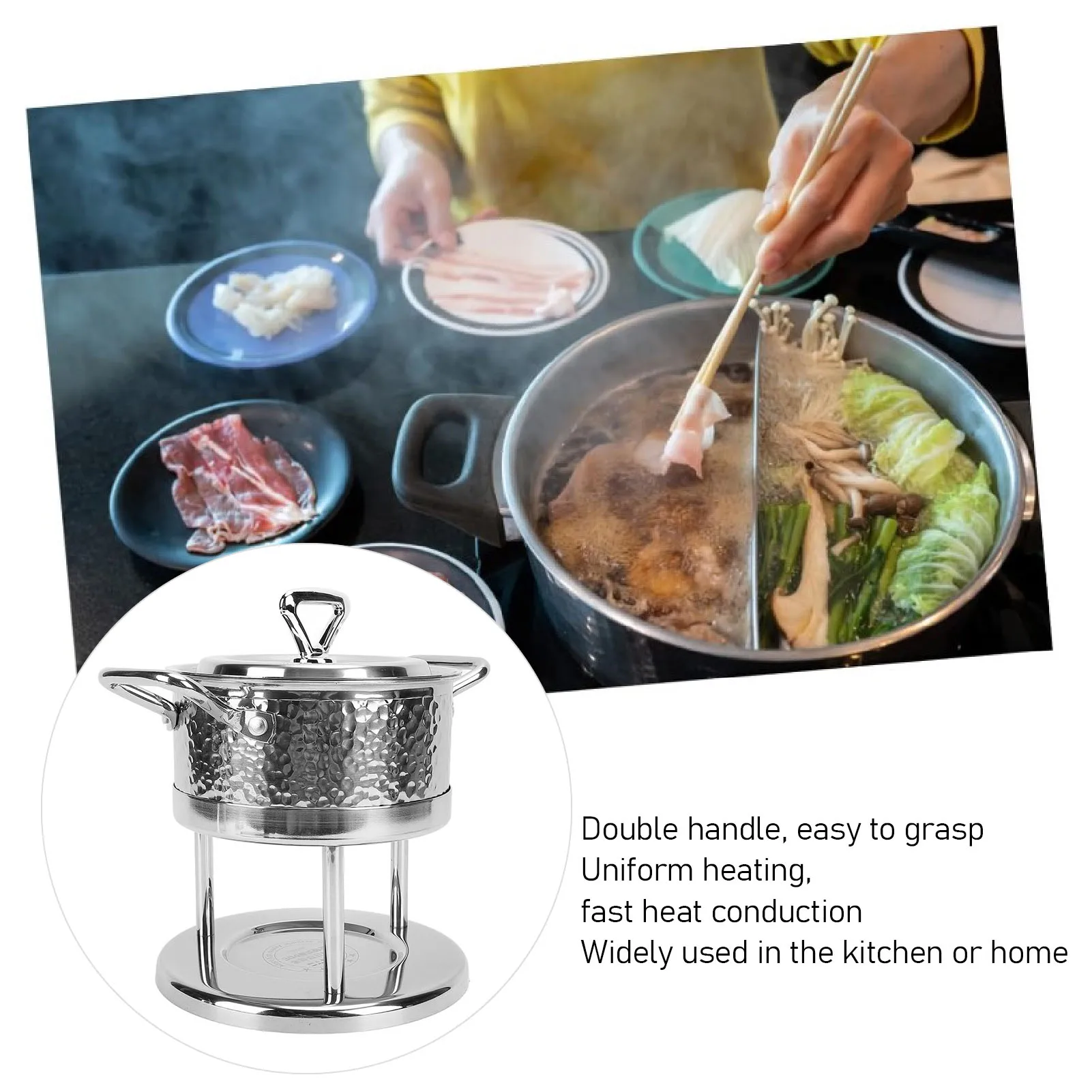 Stainless Steel Individual Hot Pot Stove Double Handle Rustproof Uniform Heating Easy Clean Food Warmer for Home Dining