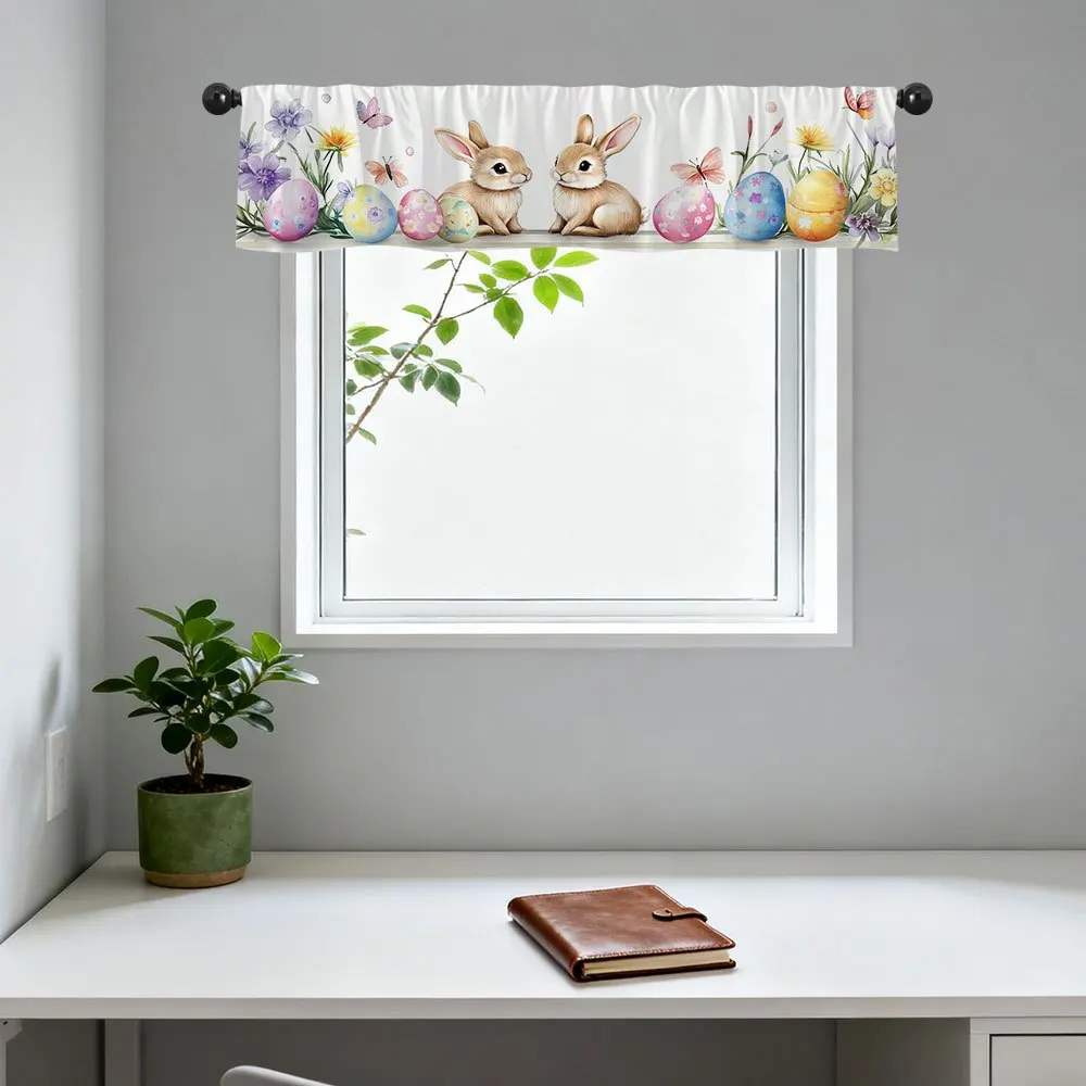 2D Flat, 1pc Spring Bunny Rabbit Eggs & Tulips Valance Curtain - Semi-Sheer Window Valance with 2D Flat Print, Rod Pocket Design