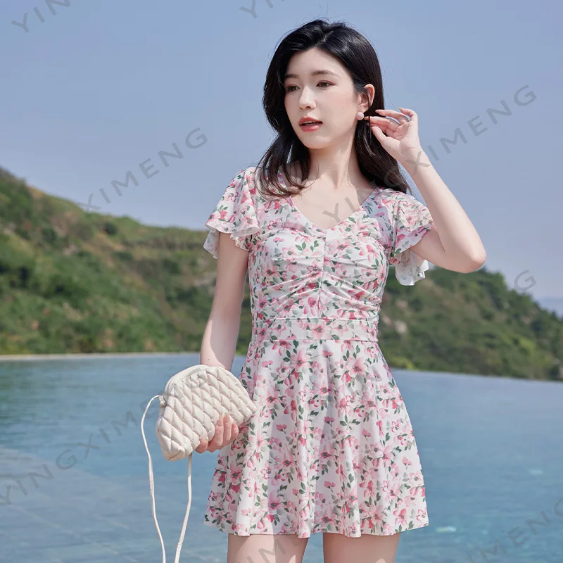 Korean Fashion Floral One Piece Swimsuit Dress Summer High Waist V-neck Holiday Beach Hot Spring Swimming Bathing Suit for Women