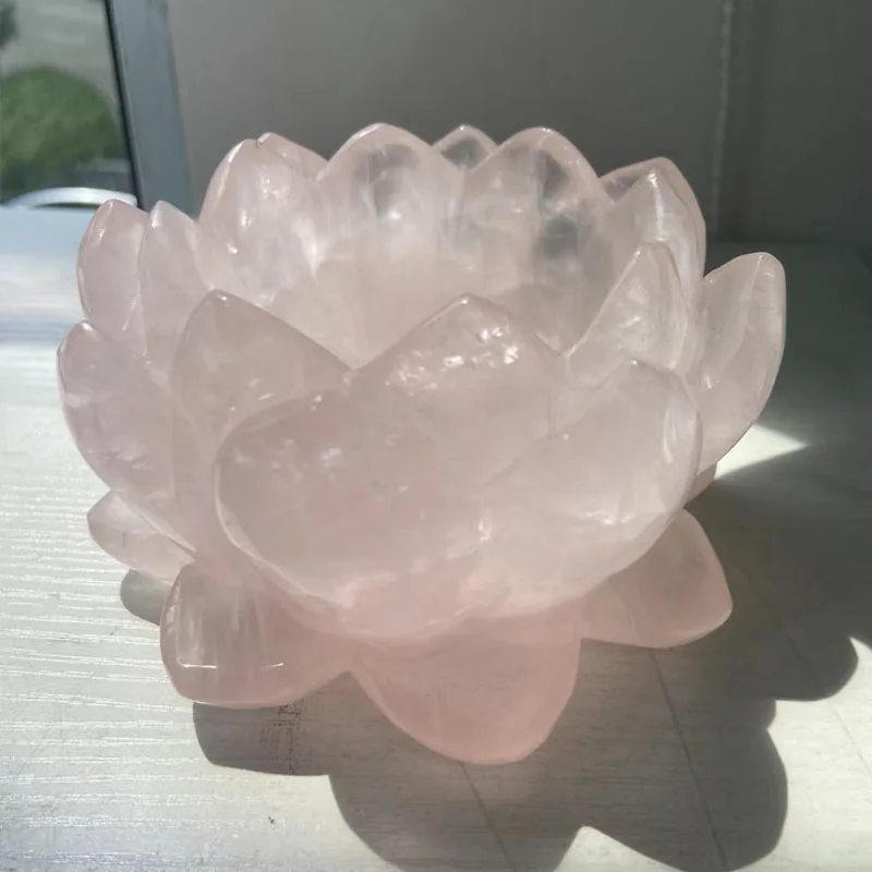 Pink Crystal Love Stone Lotus Yoga Meditation Gift Natural Semi Precious Gemstone Heart Chakra Rose Quartz Flower Specimen Decor