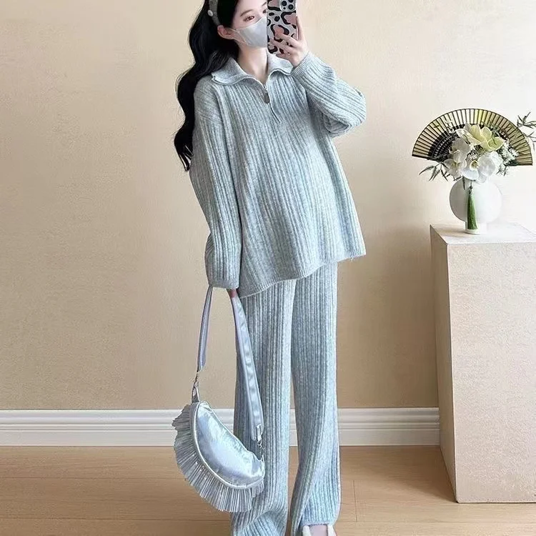 Nový podzimní zimní těhotenský set 2025, dámský pletený top s límcem na zip a široké kalhoty, dvoudílný těhotenský outfit - náhled 3