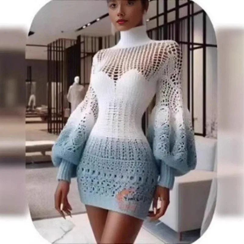 

Европейская и американская мода, сексуальные вязаные крючком платья, женский ажурный вязаный свитер с длинными рукавами и рукавами-фонариками градиентного цвета