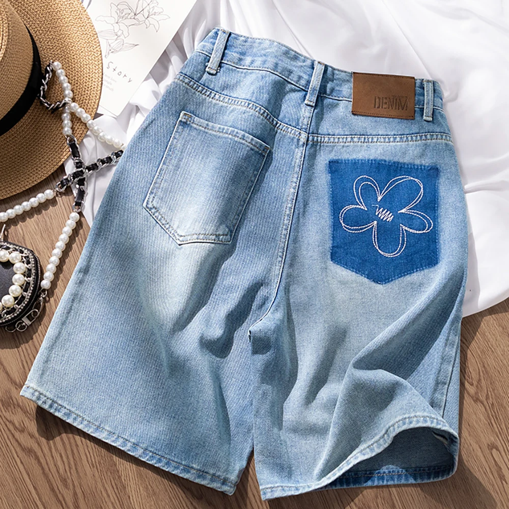 Floral Embroidered Pocket Denim Shorts Women Summer High Waist Straight Loose Keen Length Jeans Thin Shorts Female Hot Pants