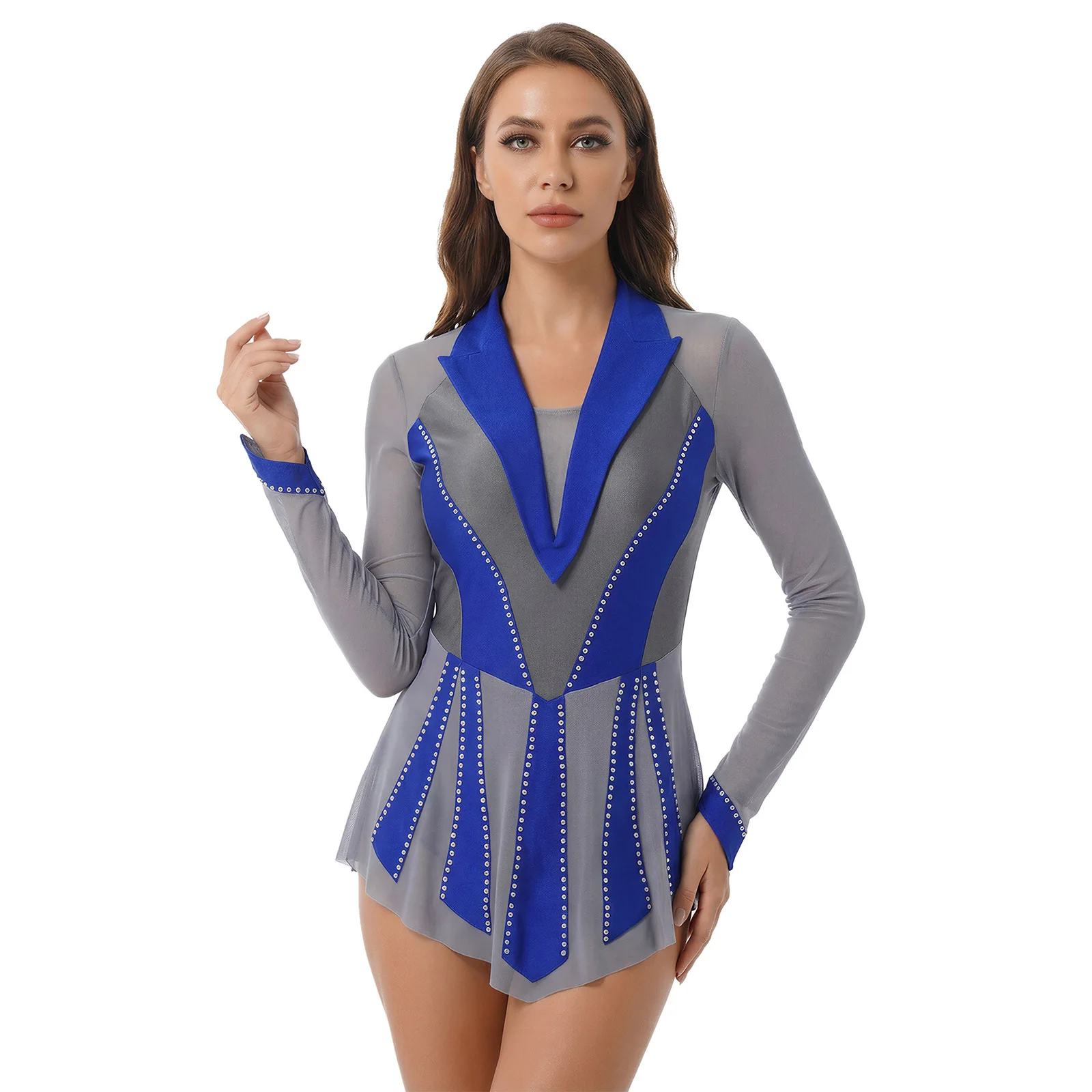 

Women Sheer Mesh Modern Waltz Gymnastics Dance Performance Dresses Ruffled See Through Ballet Ballroom Stage Dance Leotards