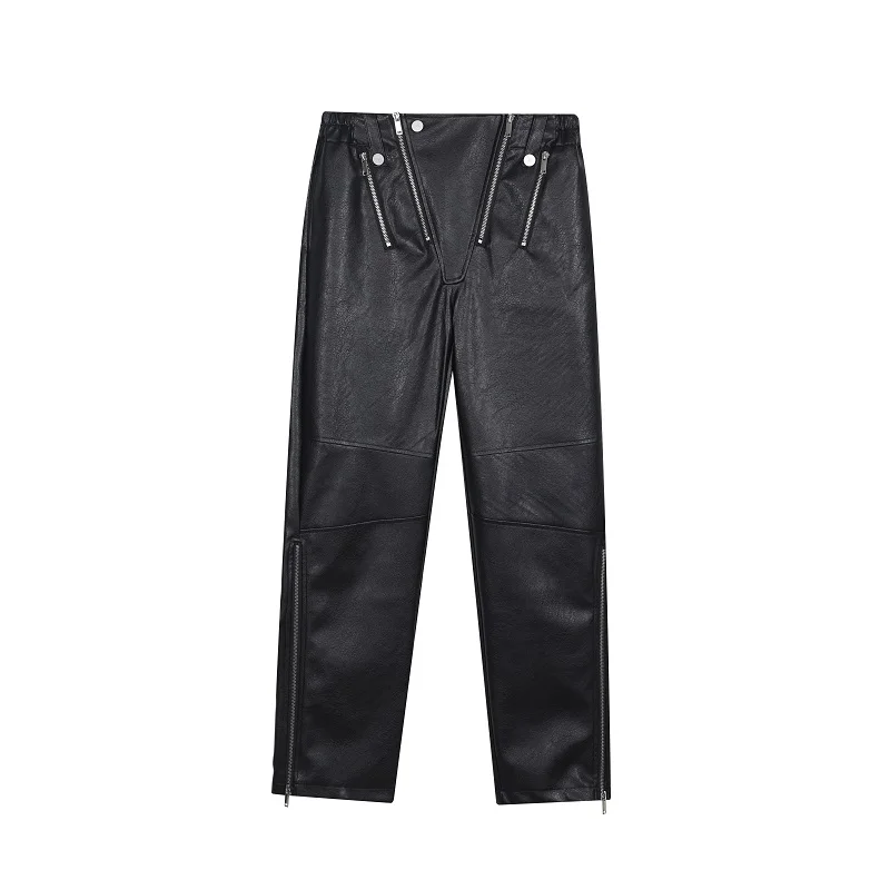 

2023Fashion Motorcycle Men Pants Leather Streetwear Leg Zipper Hip Hop Punk Straight Loose Casual Trousers Male