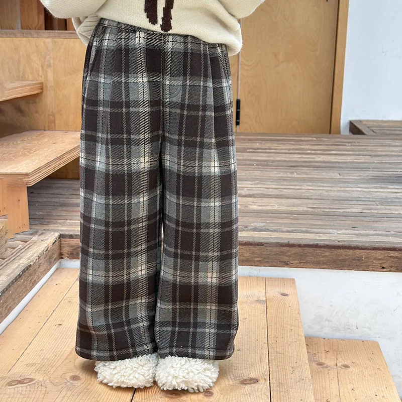 بنطال صوف سميك مبطن بالصوف منقوش بأرجل مستقيمة كورية فضفاضة غير رسمية ومطابقة تمامًا ومريحة