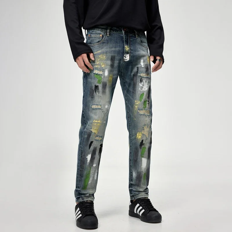 Colorful Printed Ripped Jeans Men Spring Cotton Slim Straight Trousers Fashion Embroidery Hip Hop Rock Pants Streetwear