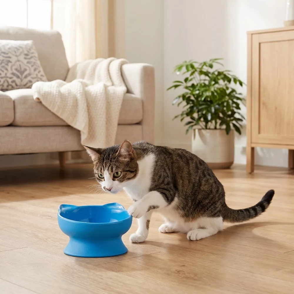 Elevated Cat Bowl with Ears Design Pet Food Water Dish Cute Non Slip Plastic Feeding Container for Cats and Small Dogs Blue view 5