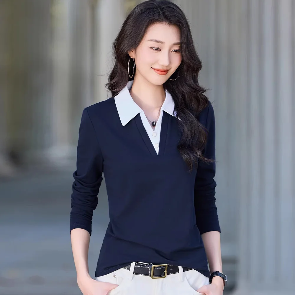 New Women Spring Autumn Long Sleeve T-shirt Fashion Patchwork V-Neck Slim Waist Casual T-shirt Contrast Color Pullover T-shirt