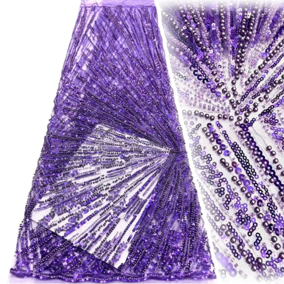

Purple Luxury African Stone Beaded Lace Fabric Nigerian French Tulle Sequins Lace Fabric Suitable for Bridal Party Dresses 2078