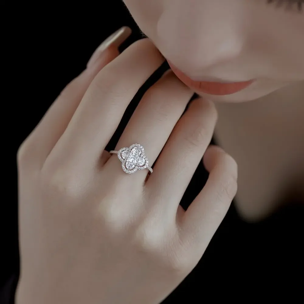 YILUOCD Shiny 5A Cubic Zirconia Four Clover Rings for Women CZ Lucky Ring Daily Classic Jewelry Lady Party Banquet Gifts