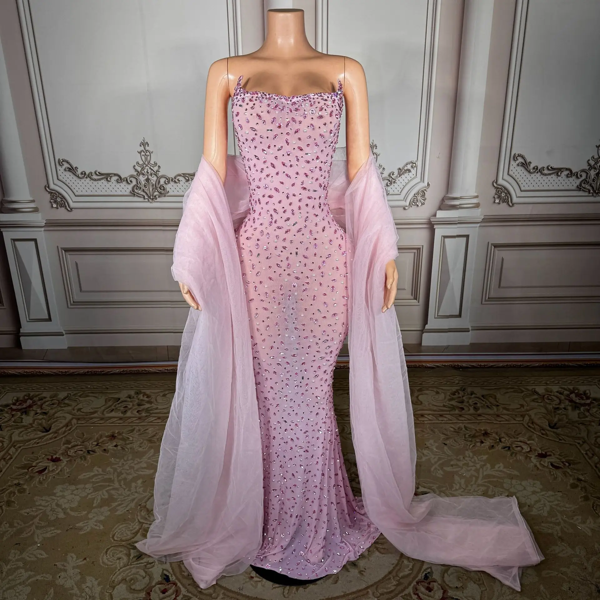 Pink Net Sheer Shawl Style Halter Dress for Birthday Party Adult Model Runway Show Evening Gown