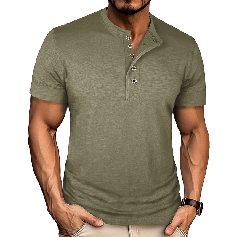 

Summer European and American Men's Short-sleeved Cotton Henley Shirt Mens Casual Round Neck T-shirt Top