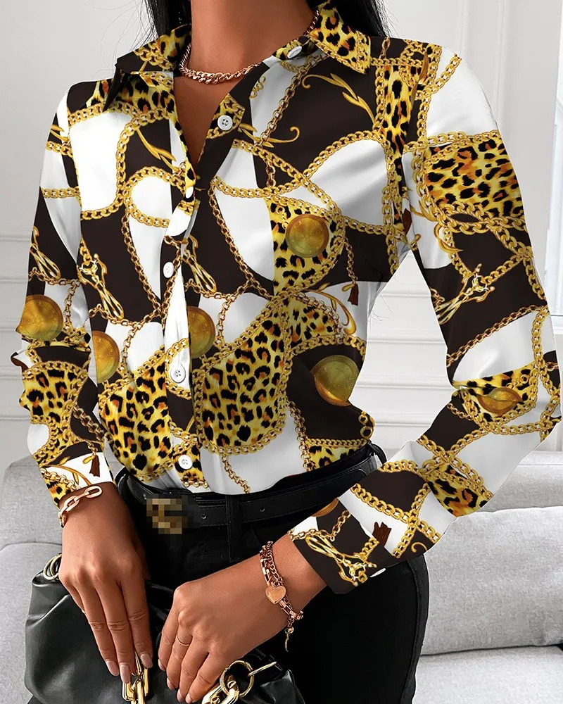 Women Fashion Wild Shirts Chain/Floral/Letter/Geometric Square Print Turn-Down Collar Long Sleeve Blouses