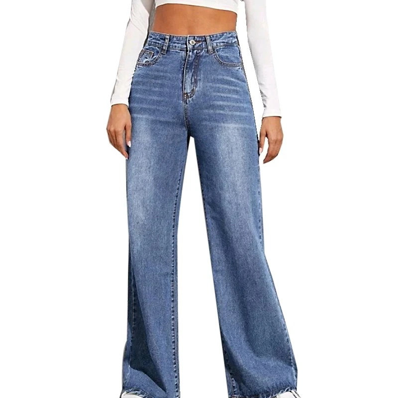 

2024 New Fashion High Waist Straight Jeans Women Autumn Blue Casual Loose Wide Leg Jeans Trousers Striped Palazzo Pants