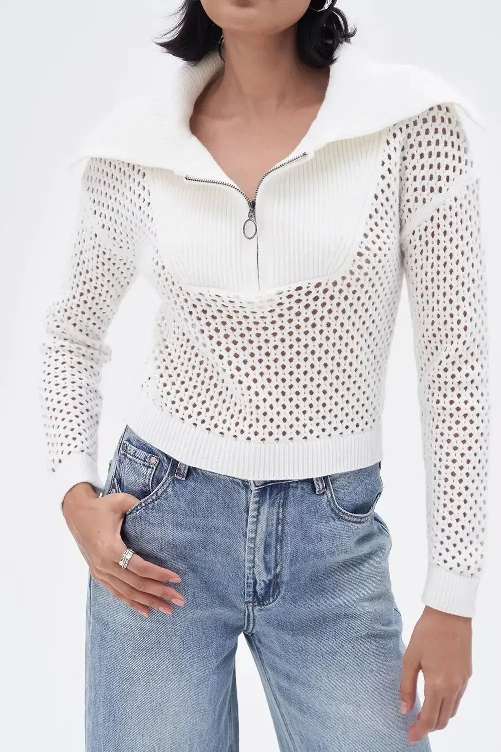 Women's Sweater with Turn-down Collar and Hollow-out Design, Zipper Pull-over Tops