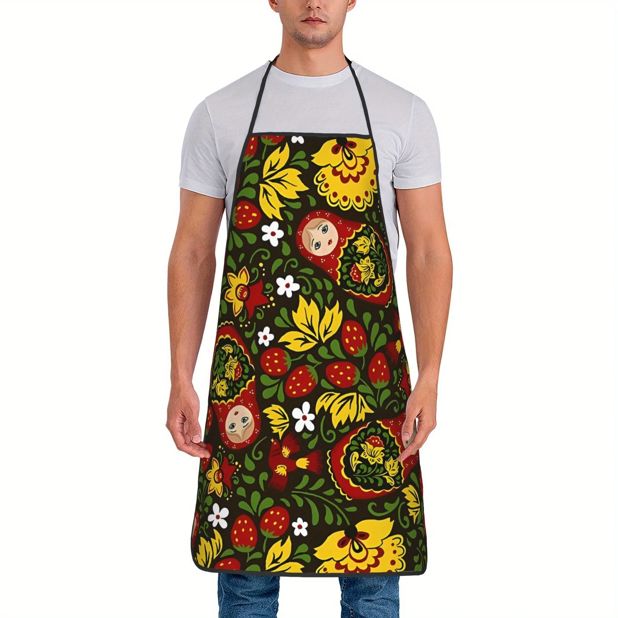 Retro Russian Doll Design Apron for Ladies, Made from 100% Polyester Fabric, Featuring a Pinafore with a Bit of Stretch, a Patte