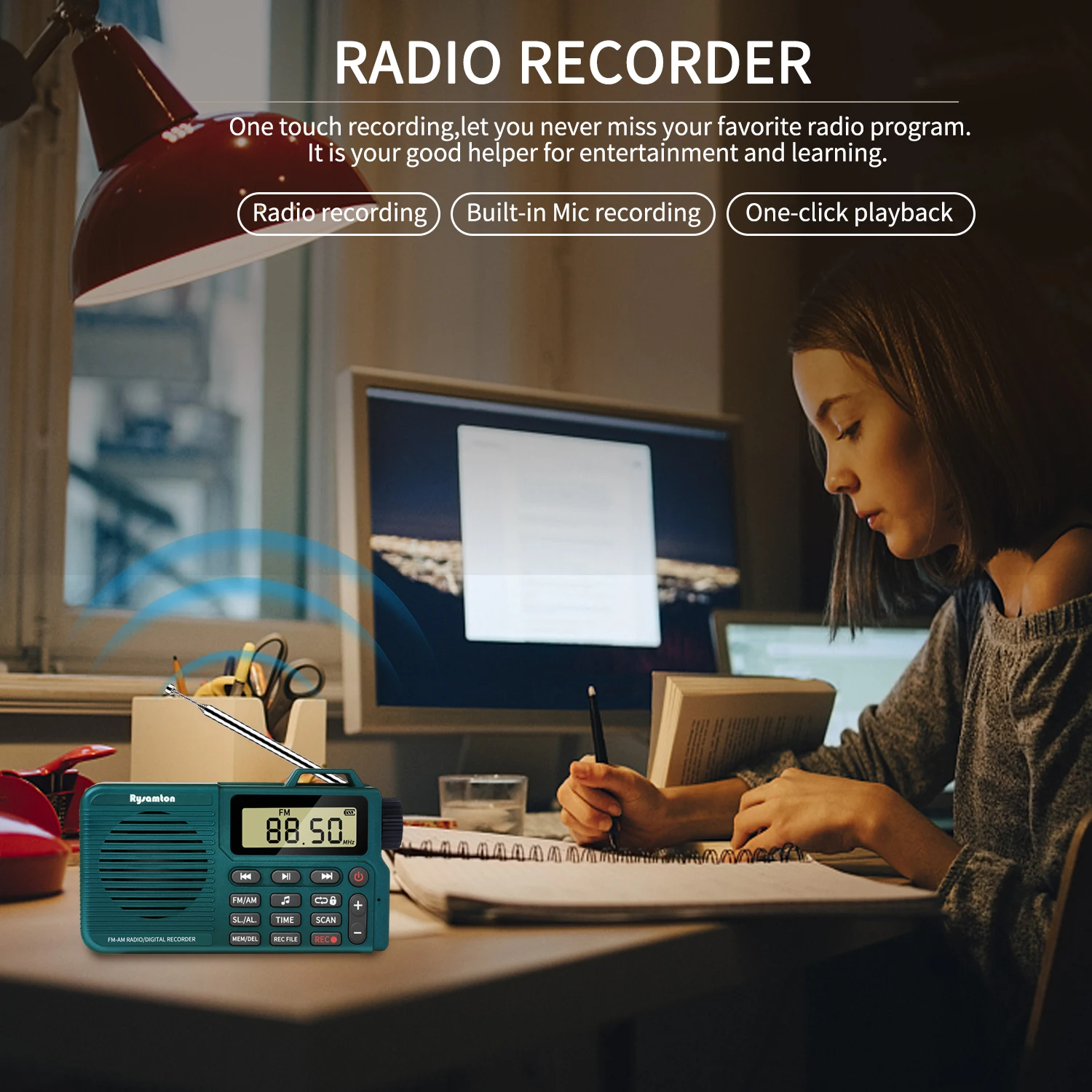 Tragbares AM/FM-Radio, kleines Taschenradio mit Bluetooth, Basslautsprecher, unterstützt Micro-SD-Karte und Aufnahme, lange Akkulaufzeit – Detail 9