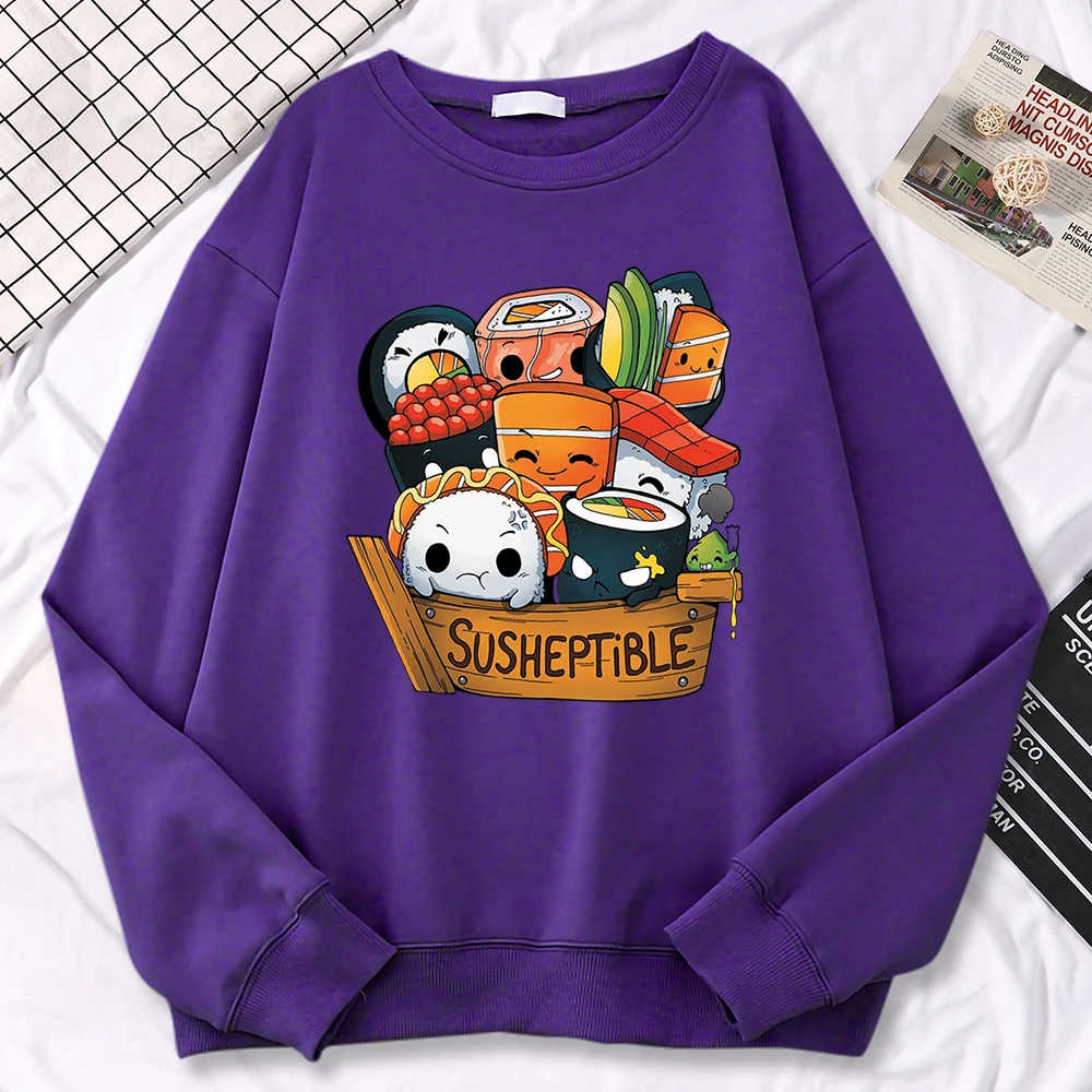 

Casual Simple Woman Sweatshirt Susheptible Delicious Sushi Family Printing Hoodies Loose Warm Pullover Fleece Soft Female Tops