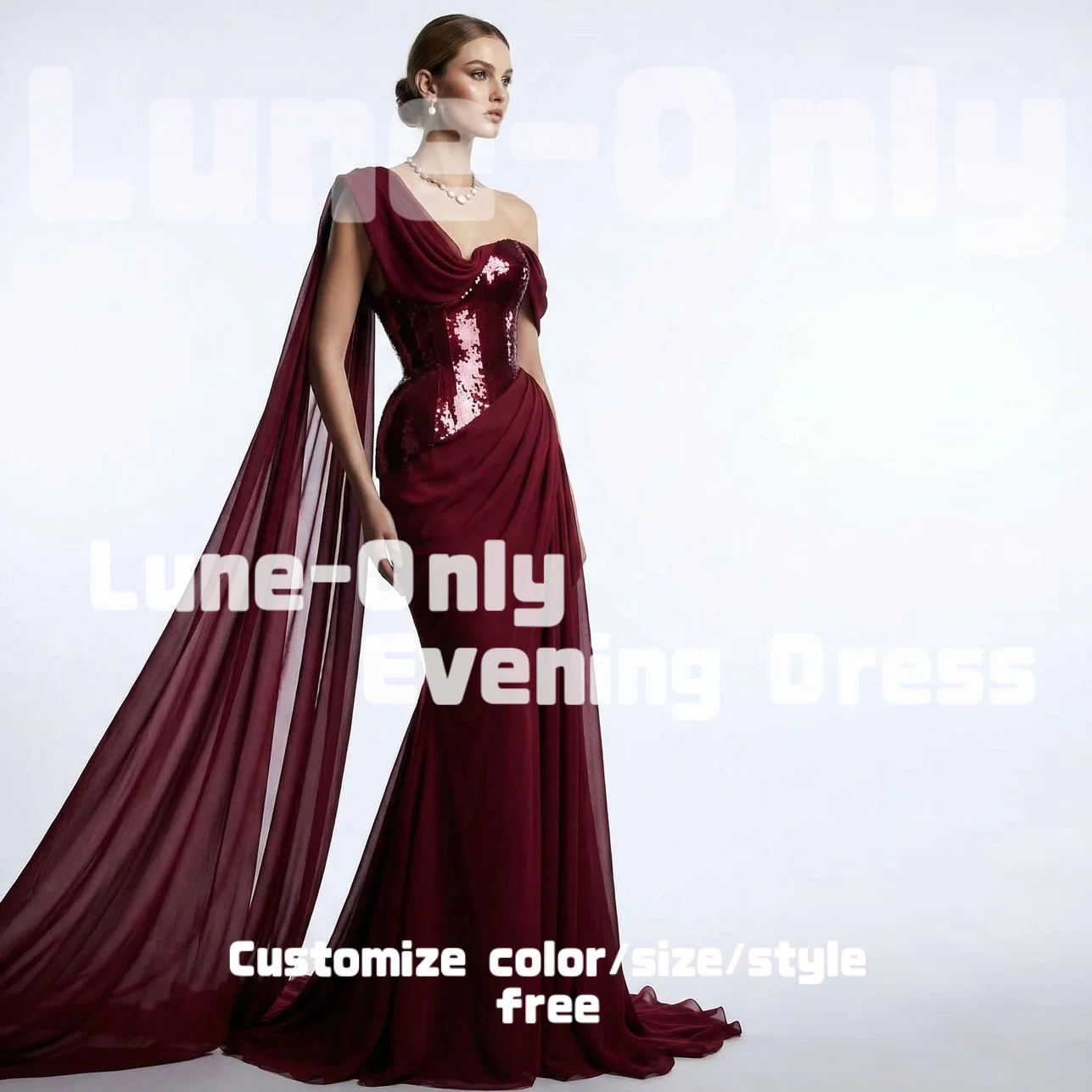 Vestido de Noche Elegante Personalizado de un Solo Hombro con Lentejuelas Borgoña para Mujer, Vestido Largo de Gasa con Capa para Fiesta de Gala y Eventos Formales