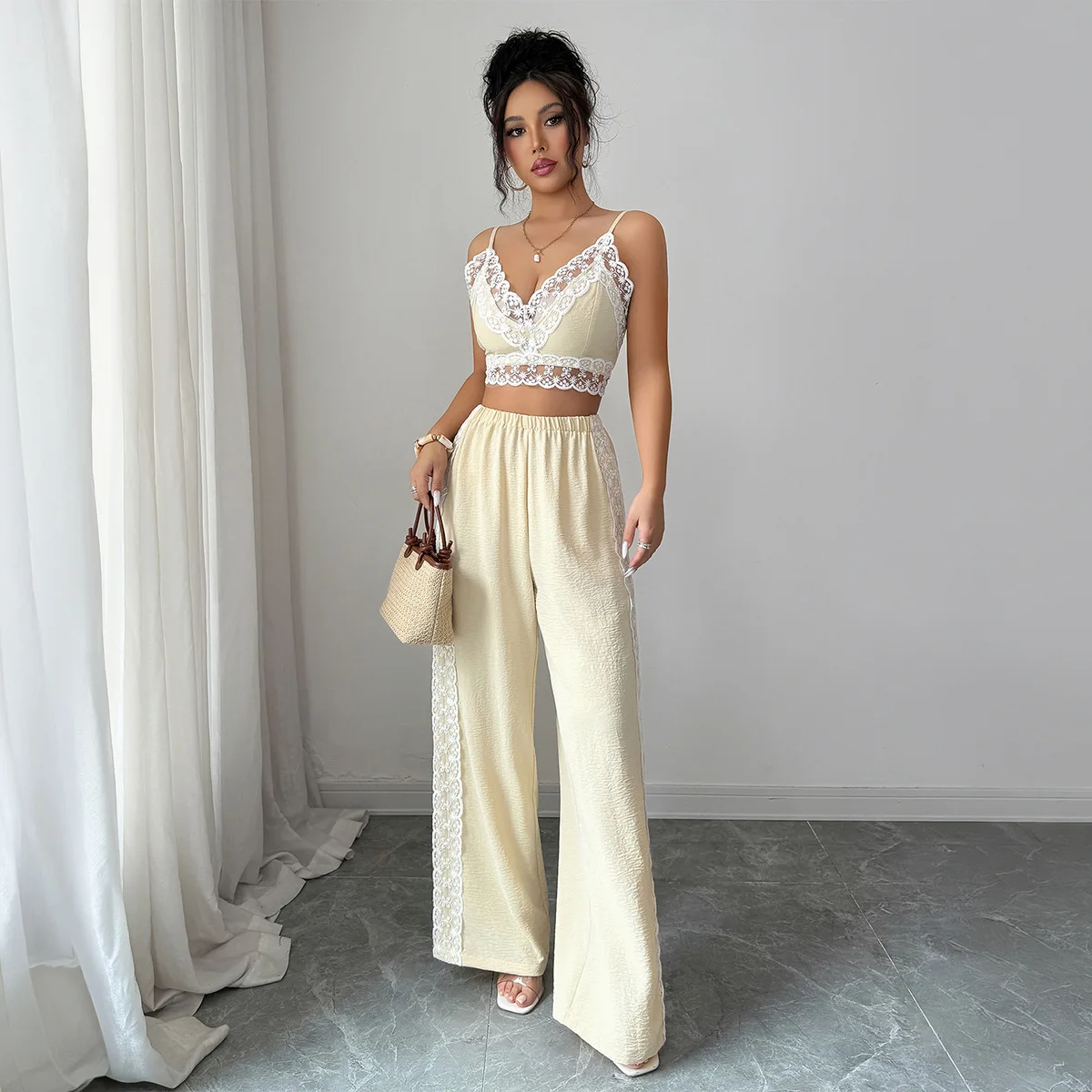 Casual Vacation Side Lace Patchwork Long Pants Suit Women's Clothing 2026 Spring/summer Summer Maxi Dress Party Boho Beach