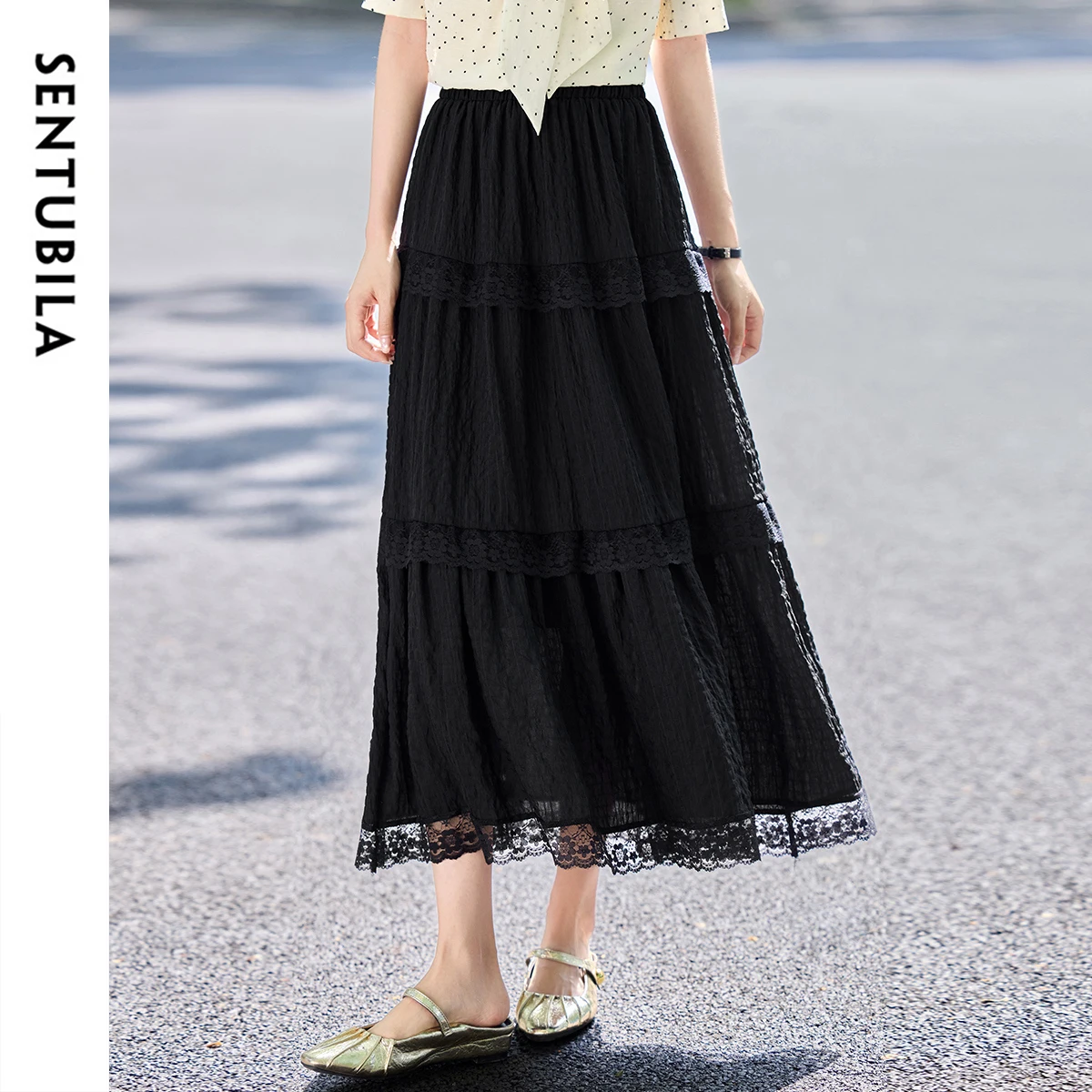 

SENTUBILA Women's Skirt 2025 SummerLace Splicing A-line Skirt High Waist Layered Skirt Vacation Style Loose Elegance W52QA1827